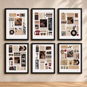 Può includere: Sei stampe da parete incorniciate con collage di oggetti di ispirazione vintage. Ogni stampa include fotografie di coppie, cassette, chiavi, fotocamere, dischi in vinile, scatole di fiammiferi e note scritte a mano su sfondo bianco.