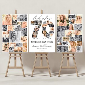 Modèle de plaque de bienvenue pour collage photo de 70 anniversaires, collage de photos de numéros, cadeau d'anniversaire de look, chronologie des jalons, panneau de bienvenue