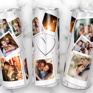 9 Heart Photo Collage Tumbler Template, regalos personalizados, regalo de cumpleaños para él, ella, novia, novio, 20oz Skinny Png Sublimación