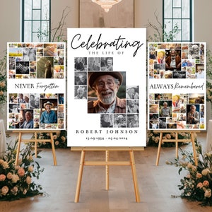 Feier des Lebens Beerdigung Foto Collage Zeichensatz Vorlagen, Beerdigung Willkommensschild Vorlage, In liebevoller Erinnerung, Gedenkplakat