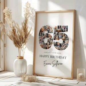 Modèle de plaque de bienvenue pour collage photo de 65 anniversaires, collage de photos numéro 65, cadeau d'anniversaire, chronologie des jalons d'anniversaire, panneau de bienvenue