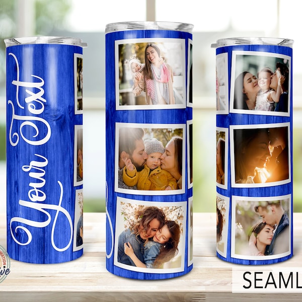 Royal Blue Photo Tumbler Template, Png Sublimation Photo Collage 20oz Skinny Tapered, Straight Full Wrap