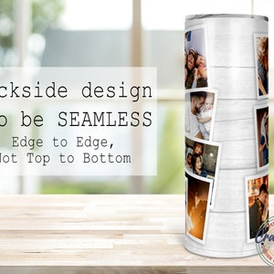 Pu&ograve; includere: Un bicchiere bianco con una texture simile al legno, decorato con foto di famiglia. Il testo sul bicchiere recita "Backside design to be SEAMLESS Edge to Edge, Not Top to Bottom." Il bicchiere ha anche il testo "Crafts Drive" e "Perfect Sublimation".