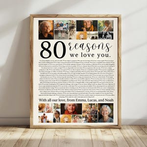 Modèle d'affiche d'anniversaire 80 raisons pour lesquelles nous t'aimons imprimable, cadeau 80e anniversaire pour lui ou pour elle 80e anniversaire personnalisé modifiable