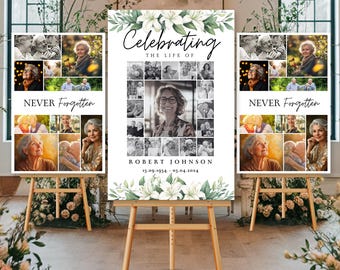 Celebration of Life Funeral Photo Collage Sign Set Templates, Funeral Welcome Sign Template, In Loving Memory, Memorial Poster, White Lily