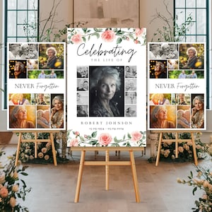 Ensemble de plaques de collage photo pour funérailles célébration de la vie, modèles de roses roses, modèle de plaque de bienvenue pour funérailles, en souvenir d'amour, affiche commémorative