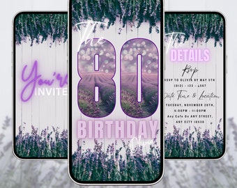 80th Birthday Video Invitation Lavender FLOWERS For Women, 80th Ecard, Animated 80th Birthday Invitation, Birthday Party, invitation canva