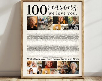 100 Reasons We Love You Birthday Poster Pictures Template Printable, 100th Birthday Gift for Him or Her Editable Personalized 100th