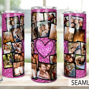 20 Picture Heart Photo Collage Glitter Tumbler Template, Gift for mom, Wedding Birthday Gift, Png Sublimation Photo 20oz Skinny Tumbler