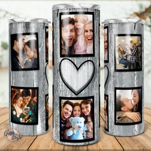 6 modèle de gobelet pour collage photo coeur de famille, gobelet cadre photo famille, cadeau d'anniversaire de mariage, sublimation PNG maigre 20 oz
