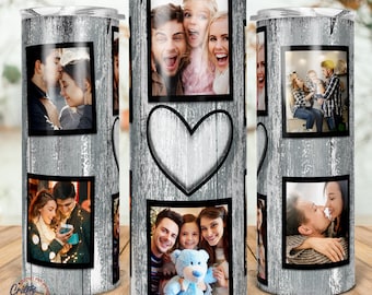 6 Family Heart Photo Collage Tumbler Template, Picture Family Frame tumbler, Wedding Birthday Gift, 20oz Skinny Png Sublimation