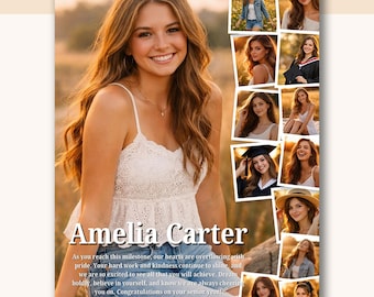 May include: A senior year photo collage featuring a smiling young woman in a white lace top. The collage includes multiple smaller photos of the same woman. Text reads "Amelia Carter" and a congratulatory message from her parents.