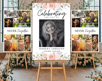 Celebration of Life Funeral Photo Collage Sign Set Templates, Funeral Welcome Sign Template, In Loving Memory, Memorial Poster, Pink Rose