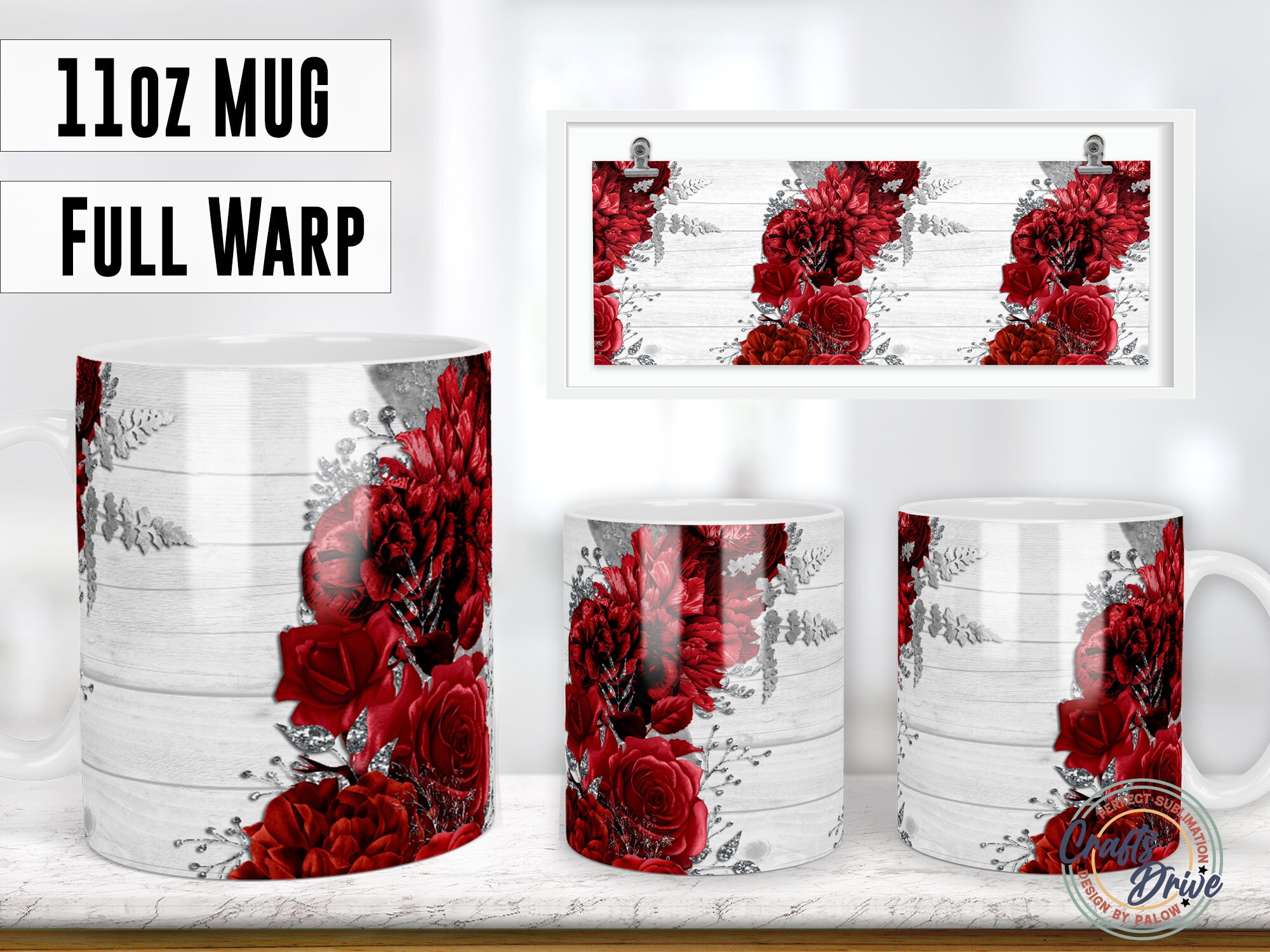 Red Rose Floral Mug Flower Wood Grain 11oz Mug Sublimation Etsy