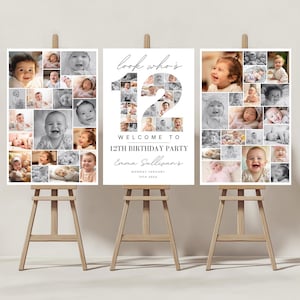 Modèle de plaque de bienvenue pour collage photo de 12 anniversaires, collage de photos de numéros, cadeau d'anniversaire de look, chronologie des jalons, panneau de bienvenue