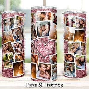 Rose Gold Glitter Heart Photo Collage 20oz Tumbler Template (PNG Digital Download)