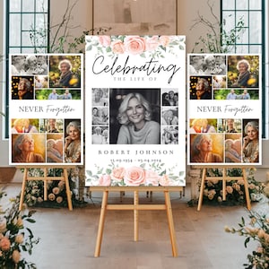 Ensemble de panneaux pour collage photo funéraire célébration de la vie, Modèle de plaque de bienvenue pour funérailles, En souvenir, Affiche commémorative, Rose rose