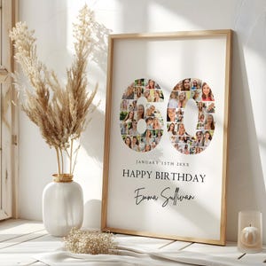 Modèle de plaque de bienvenue pour collage photo de 60 anniversaires, collage de photos numéro 60, cadeau d'anniversaire, chronologie des jalons d'anniversaire, panneau de bienvenue