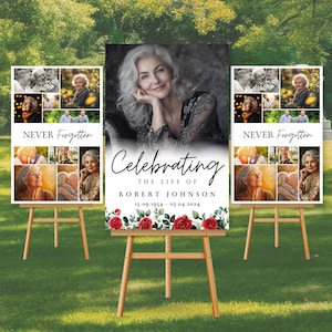 Ensemble de plaques pour collage photo funérailles célébration de la vie, modèles de roses, modèle de plaque de bienvenue pour funérailles, en souvenir d'amour, affiche commémorative