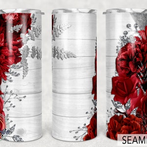 Rode Roos, Bloemen Tumbler, Bloem Houtnerf, Png Sublimatie Collage 20oz Skinny Taps toelopend, Rechte Volledige Wrap Digitale Download