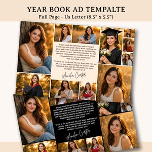 May include: A full-page yearbook ad template, US Letter size 8.5" x 5.5", featuring multiple photos of a young woman. The design includes text with a congratulatory message and the name "Amelia Carter."