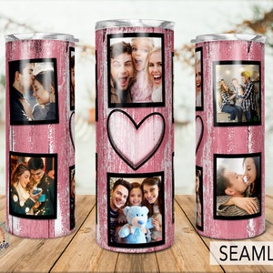 roze rustieke houtnerf 6 familie fotolijst hart foto tumbler sjabloon, bruiloft verjaardagscadeau, 20oz magere png sublimatie
