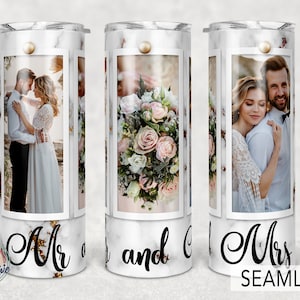 3 foto Mármol, Sr. y Sra., Imagen Aniversario de boda, Plantilla de vaso de fotos, Sublimación Png 20oz Flaco