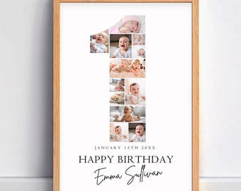 1歳の誕生日フォトコラージュサインテンプレート：マイルストーンウェルカムボード（デジタルダウンロード）
