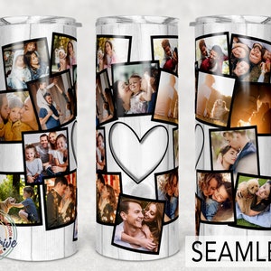 16 Bild Herz Fotobecher Vorlage, Png Sublimationsfotocollage 20 Unzen Skinny Tumbler Tapered, Straight Waterslide Full Wrap