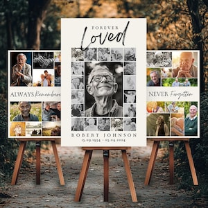 Modelli di cartelli per collage di foto funebri per la celebrazione della vita, modello di cartello di benvenuto per funerali, in amorevole ricordo, amati per sempre.