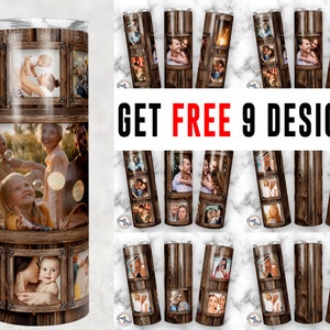 Bundel 11 houtnerf foto Tumbler sjabloon familie fotolijst, bruiloft verjaardagscadeau, fotocollage 20oz skinny PNG sublimatie