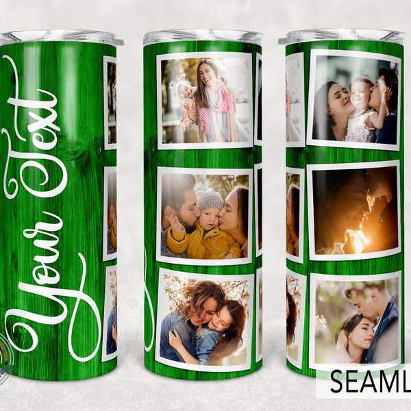 Green Photo Tumbler Template, Png Sublimation Photo Collage 20oz Skinny Tapered, Straight Full Wrap