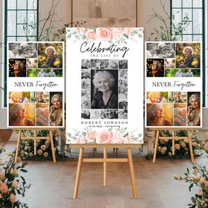 Ensemble de panneaux pour collage photo funéraire célébration de la vie, Modèle de plaque de bienvenue pour funérailles, En souvenir, Affiche commémorative, Rose rose