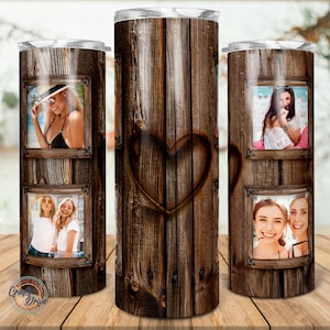 4 Plantilla de vaso de collage de fotos de corazón familiar de grano de madera, vaso de marco familiar de imagen, regalo de cumpleaños de boda, sublimación png delgada de 20 oz