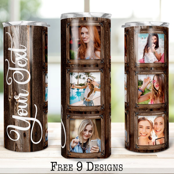 6 Wood Grain Tumbler png,  Photo Tumbler Template Png, Photo Collage Tumbler, Woodgrain tumbler, Personalized gifts, 20oz Skinny Sublimation