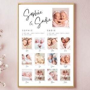 Affiche de signe d'étape importante du 1er anniversaire des jumeaux, affiche imprimable de la première année de bébé, panneau modifiable d'étape importante du 1er anniversaire, modèle de collage de photos
