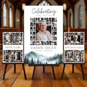 Célébration de la vie, collage photo pour funérailles, modèles de montagne, plaque de bienvenue pour funérailles, en souvenir d'amour, affiche commémorative Canva New001