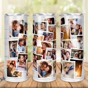 Pu&ograve; includere: Un bicchiere bianco con un collage di foto di famiglia. Le foto sono disposte in modo casuale, su uno sfondo bianco effetto legno. Il bicchiere ha un coperchio argentato e il testo "Crafts Drive" &egrave; visibile.