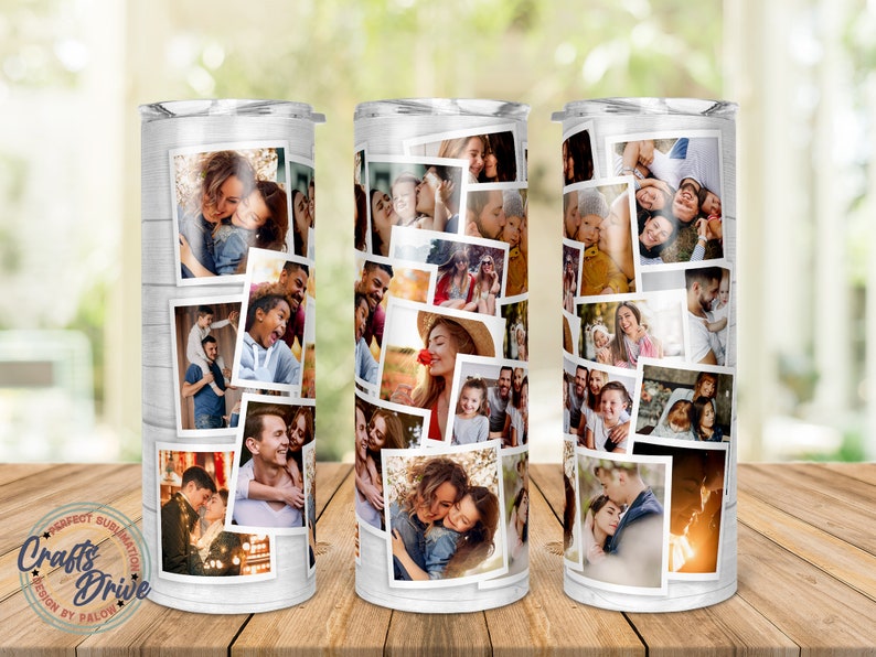 Pu&ograve; includere: Un bicchiere bianco con un collage di foto di famiglia. Le foto sono disposte in modo casuale, su uno sfondo bianco effetto legno. Il bicchiere ha un coperchio argentato e il testo "Crafts Drive" &egrave; visibile.