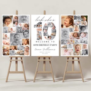 Modèle de plaque de bienvenue pour collage photo de 10 anniversaires, collage de photos de numéros, cadeau d'anniversaire de look, chronologie des jalons, panneau de bienvenue