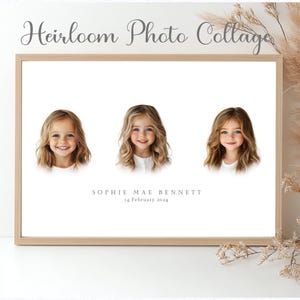 May include: A framed photo collage featuring three portraits of a young girl with blonde hair. The portraits are arranged horizontally on a white background, with the name "SOPHIE MAE BENNETT" and the date "14 February 2024" below. The frame is made of light-colored wood.