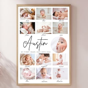 Affiche de panneau d'étape du 1er anniversaire, affiche imprimable de la première année de bébé, panneau d'étape du 1er anniversaire modifiable, modèle de collage de photos. 003