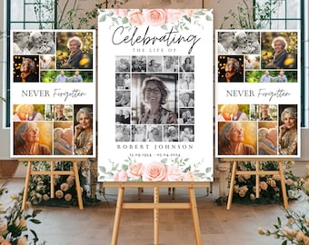 Celebration of Life Funeral Photo Collage Sign Set Templates, Funeral Welcome Sign Template, In Loving Memory, Memorial Poster, Pink Rose