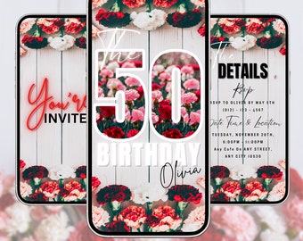 Carnation d'invitation vidéo 50e anniversaire pour femme, 50e carte virtuelle, invitation animée 50e anniversaire, fête d'anniversaire, toile d'invitation