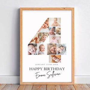 Modèle de plaque de bienvenue pour collage photo de 4 anniversaires, collage photo numéro 4, cadeau d'anniversaire, chronologie des jalons d'anniversaire, panneau de bienvenue