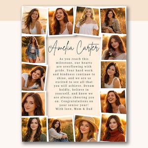 Könnte beinhalten: Eine Fotocollage mit mehreren Bildern einer jungen Frau, angeordnet um einen zentralen Textblock. Der Text lautet "Amelia Carter" und enthält eine Glückwunschbotschaft. Die Fotos sind in verschiedenen Außenbereichen mit warmer, natürlicher Beleuchtung aufgenommen.