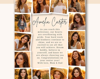 May include: A collage featuring multiple photos of a young woman, arranged around a central text block. The text reads "Amelia Carter" and a congratulatory message. The photos are in various outdoor settings, with warm, natural lighting.