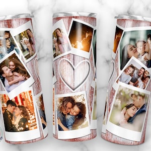 9 Heart Photo Collage Tumbler Template, regalos personalizados, regalo de cumpleaños para él, ella, novia, novio, 20oz Skinny Png Sublimación