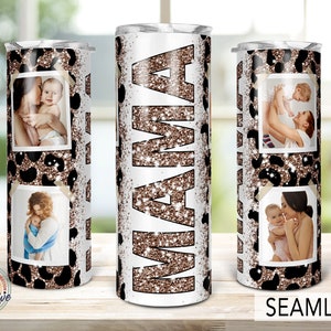 Vaso de mamá, plantilla de vaso de leopardo con purpurina de foto familiar, vaso de marco de imagen, regalo de cumpleaños de boda, sublimación png de 20 oz