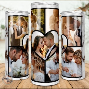 Glitter 5 Family Heart Photo Collage Tumbler Modèle, Picture Family Frame tumbler, Cadeau d’anniversaire de mariage, 20oz Skinny Png Sublimation